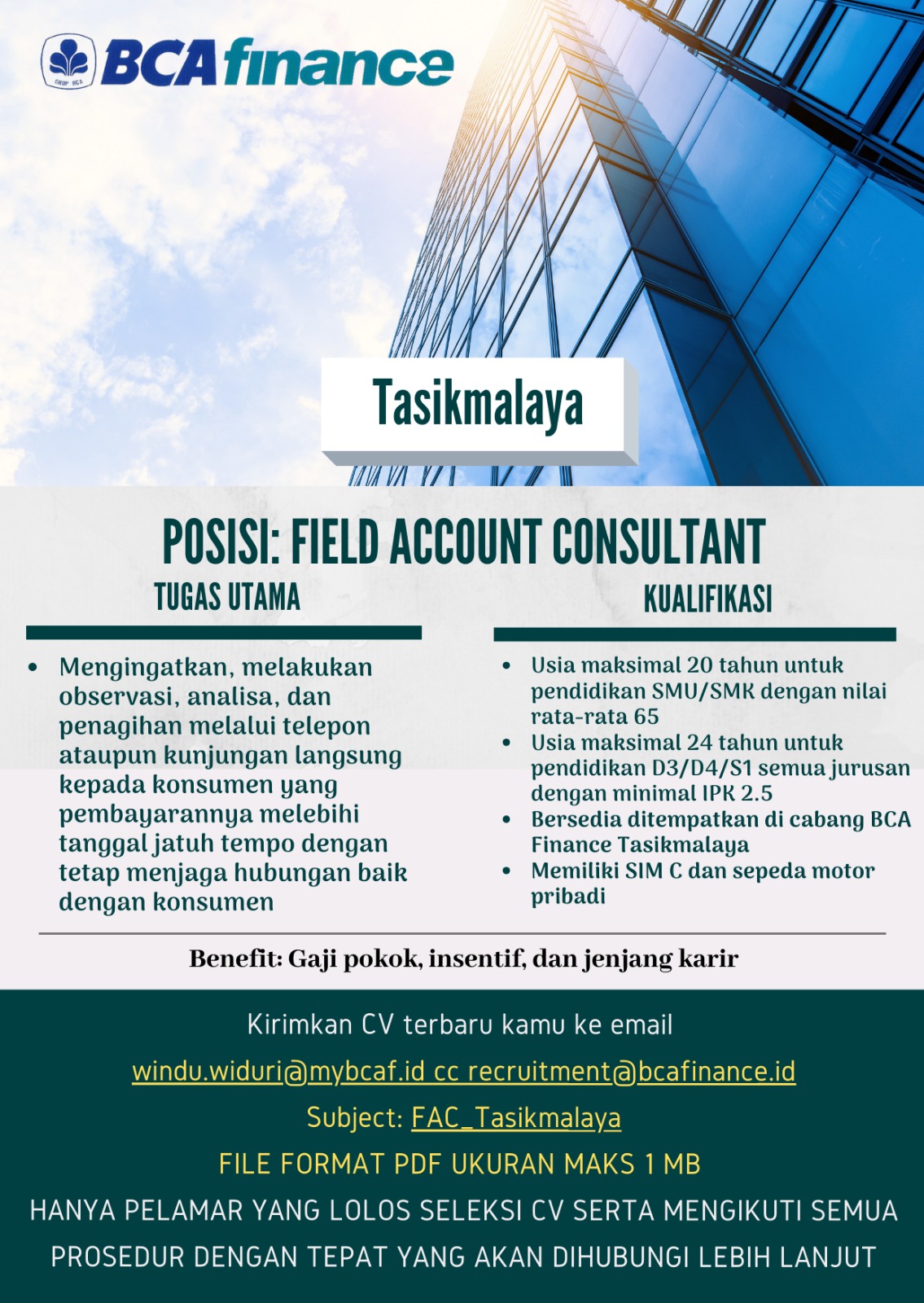 Lowongan Kerja Bca Finance Tasikmalaya Terbuka Untuk Lulusan Sma Smk Sampai S1